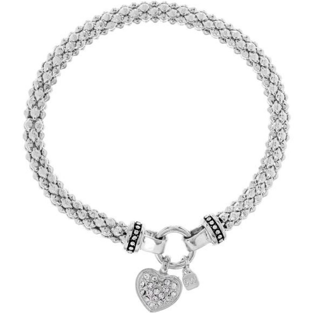 Crystal heart charm stretch bracelet silver tone rhinestone pave fashion jewelry
